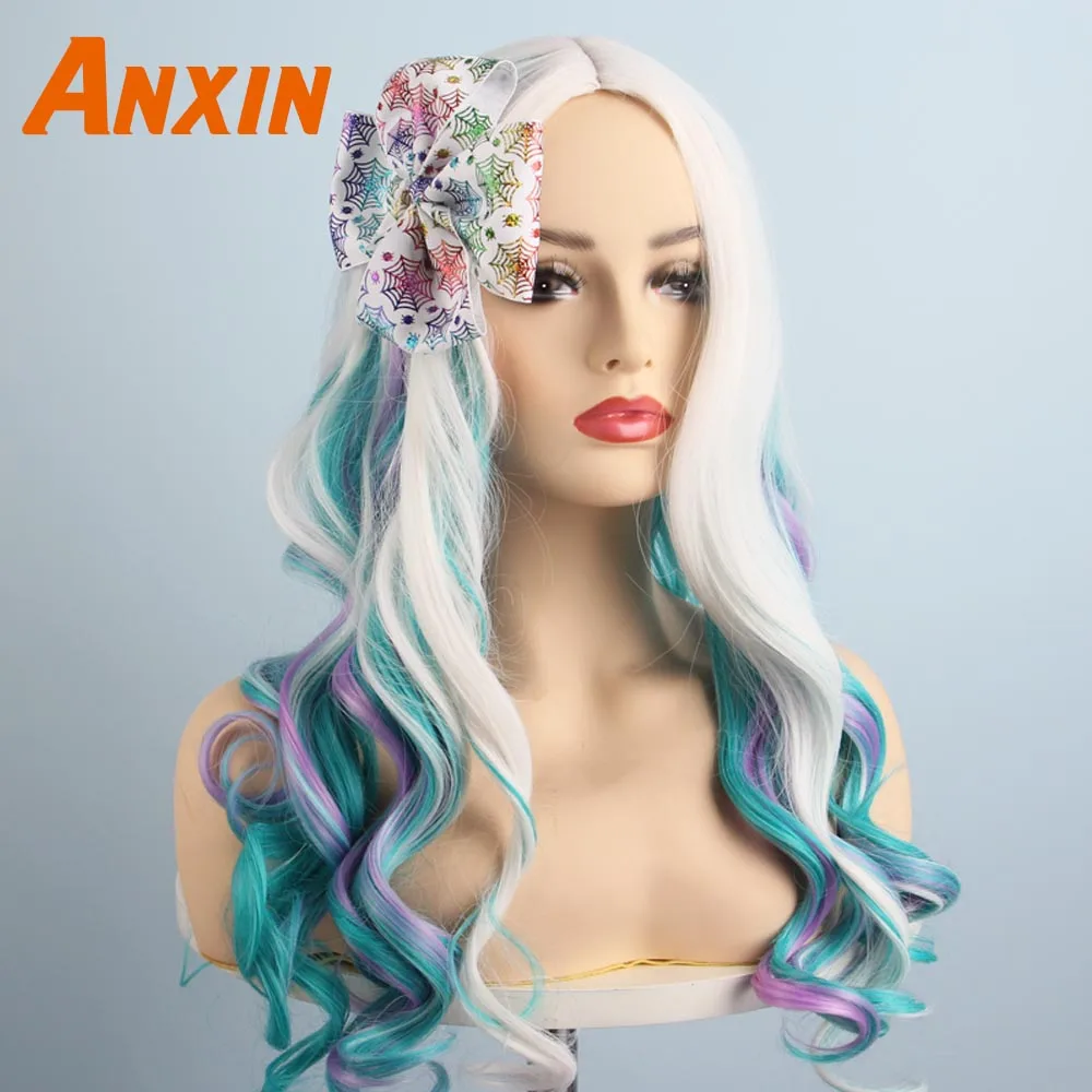 WigH And Free ACC Anxin милые длинные волнистые красочные парики с цветком Bwoknot аксессуары вечерние аниме термостойкие синтетические парики для женщин девушек - Цвет: WigH And Free ACC