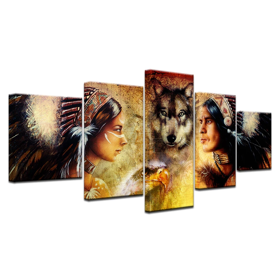 

5pcs HD Printing Canvas Painting Landscape Indian Tribal Wolf Art Group Home Decor Wall Poster Modular Picture