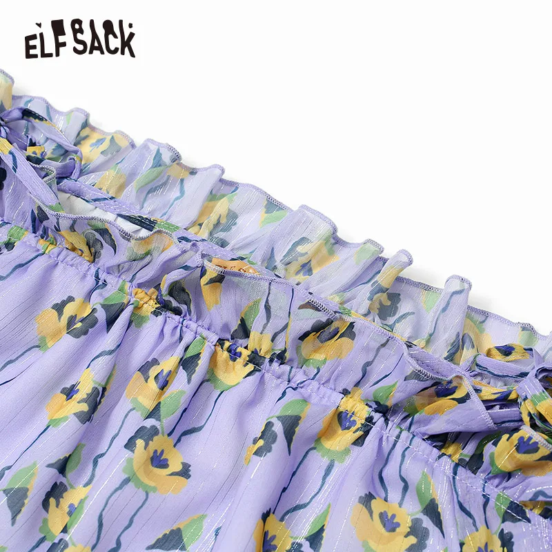 ELFSACK, милые женские блузки с цветочным рисунком, с вырезом лодочкой, модные, лавандовые, на шнуровке, женские рубашки, основа, с рукавом-бабочкой, женские блузки, топы