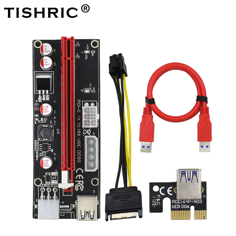 TISHRIC 10 шт. Riser Card 009S двойной 6Pin Pci e удлинитель Express 4Pin Molex USB Кабель адаптер M2 1x 16x для