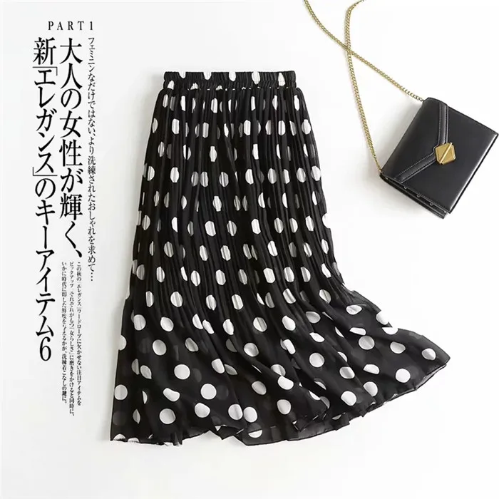 Women Summer Polka Print Chiffon Long Skirt Female European Style Pleated Elastic High Waist Skirts For Sweet Girl Skirt