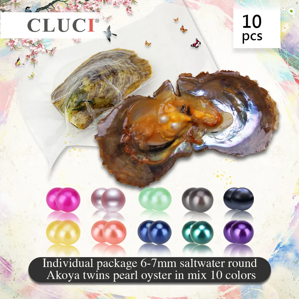 CLUCI 10pcs Twins Akoya Pearl Oysters Individual Packaged 6-7mm Round Akoya Pearl Saltwater Oysters with Twins Pearls WP265SB