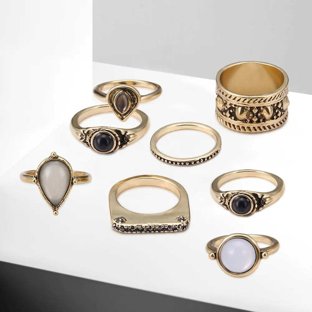 2018 New Best Selling Vintage Carved Black Alloy Ring Set 8pcs/set Popular Rhinestone Ladies Banquet Joint Accessories | Украшения и