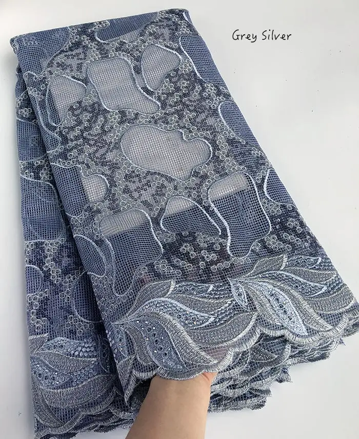 Grey Silver Медная 5 ярдов эксклюзивная африканская кружевная нерегулярная вышивка французская кружевная ткань швейная одежда ткань с большим количеством блесток - Цвет: Grey Silver