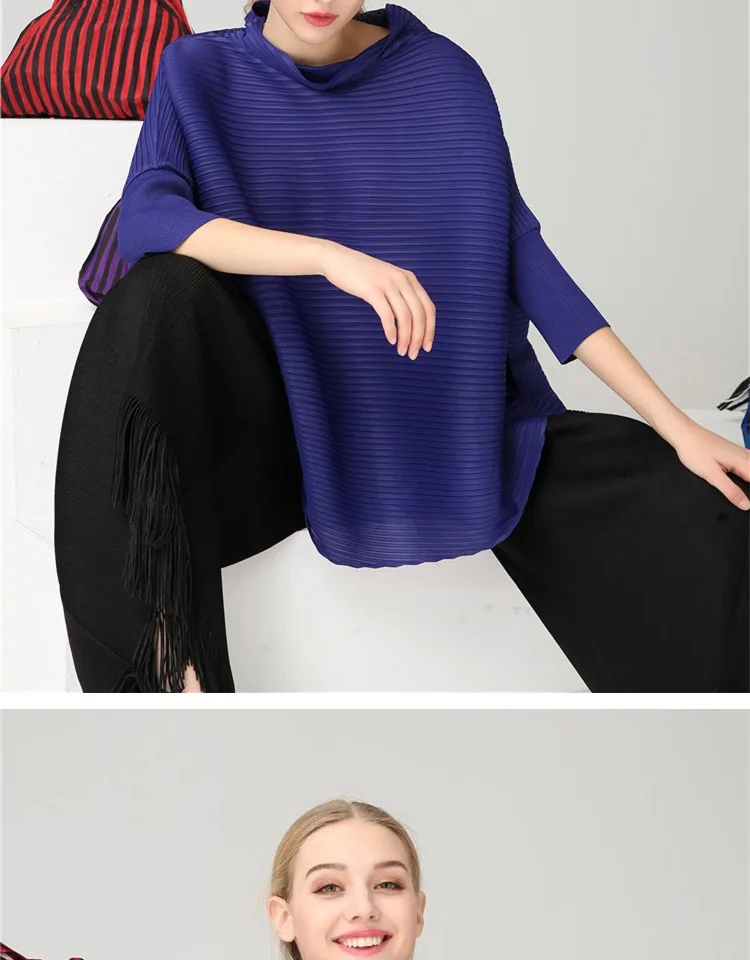 Changpleat Весенняя свободная Асимметричная Женская футболка Топы Miyak плиссированные модные футболки со стоячим воротником и рукавами летучая мышь большого размера