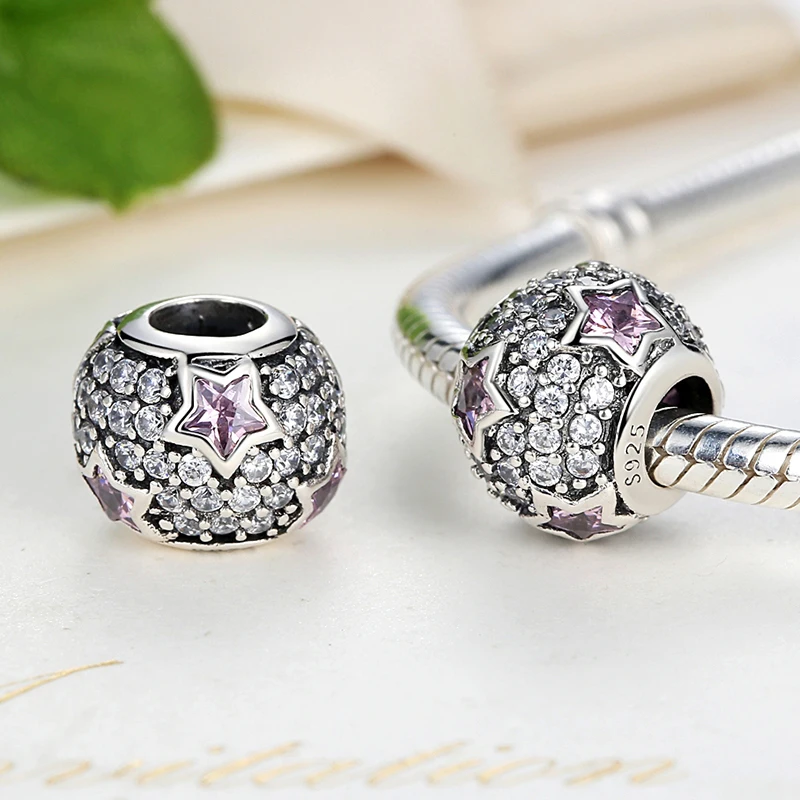 100% 925 Sterling Tibet Silver Soild Round Blue &amp Pink Rhinestone Star Bead Fit European Bracelet Authentic Luxury DIY Jewelry |
