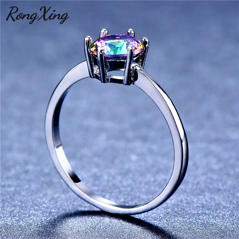 RongXing Мистик огненный Радужный камень кольца для женщин Серебряный цвет