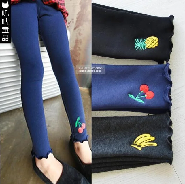 

Children girl cute leggings 2017 Winter new girls embroidered fruit legging thick velvet pants