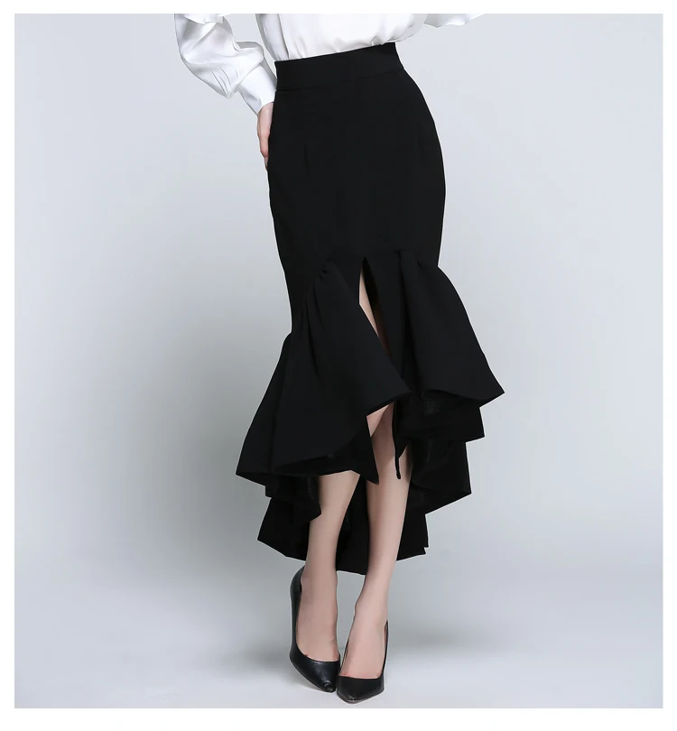 Twotwinstyle Для женщин спереди Разделение русалка юбка-карандаш Bodycon Midi длинным асимметричной оборкой подол сексуальные Высокая Талия праздничная одежда - Цвет: black
