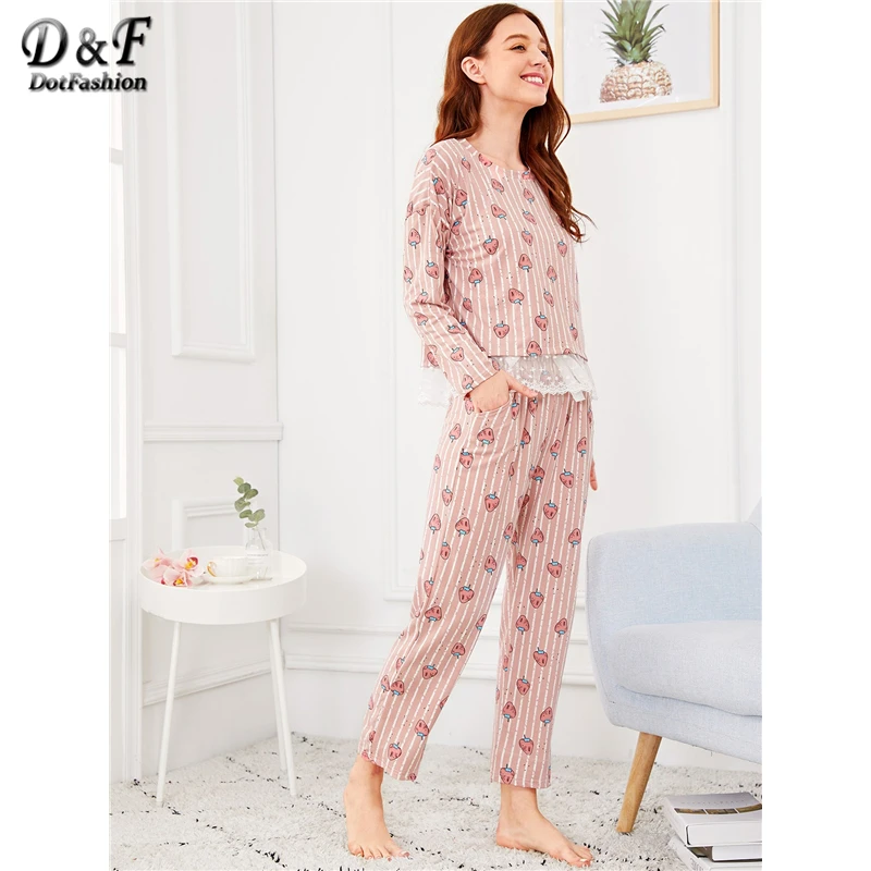 Dotfashion розовый пижамный комплект с принтом клубники и кружевной отделкой с маской для глаз, пижамы для женщин, осенняя одежда для сна, Ночная одежда с длинным рукавом