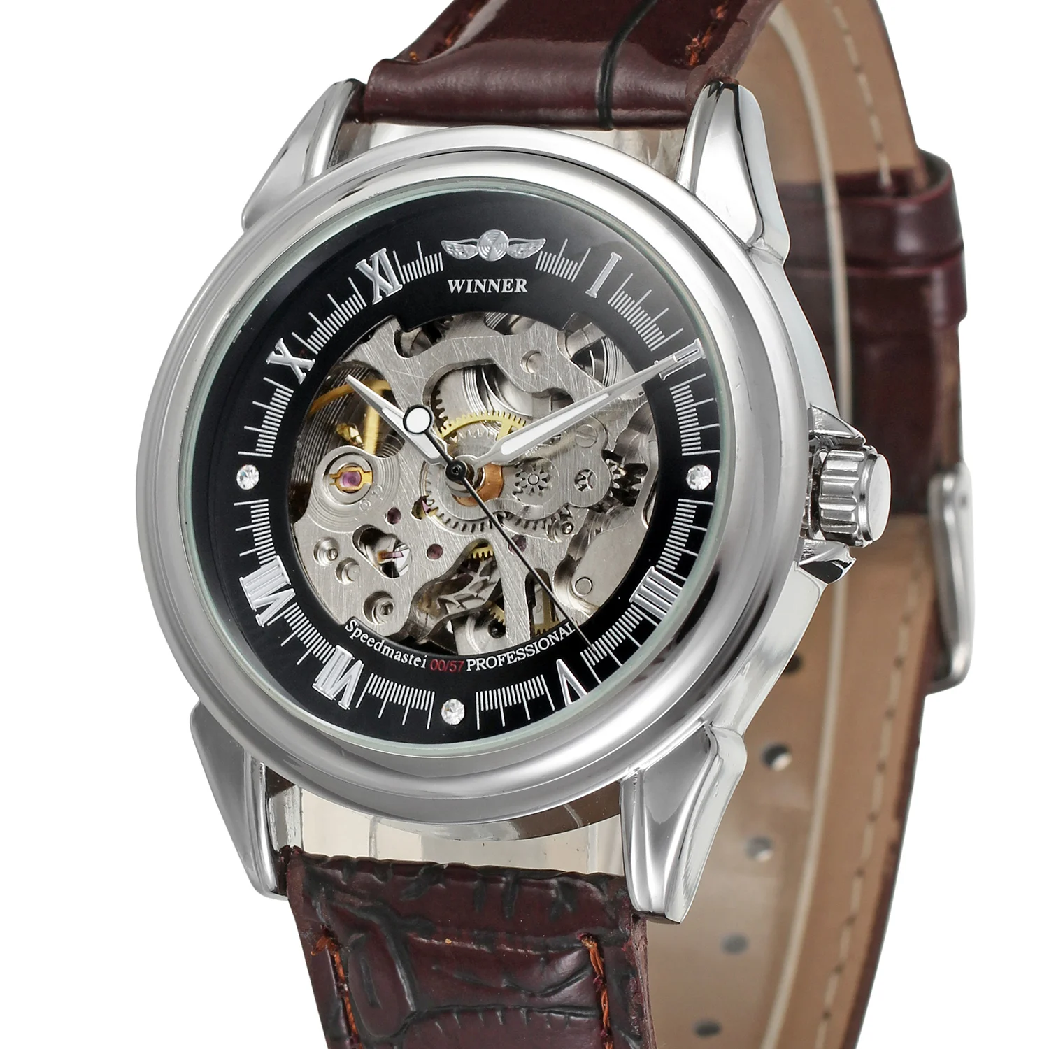 

Fashion Winner Top Men Luxury Brand Skeleton Brown Leather Gold Dial Casual Automatic Mechanical Wristwatches Relogio Releges