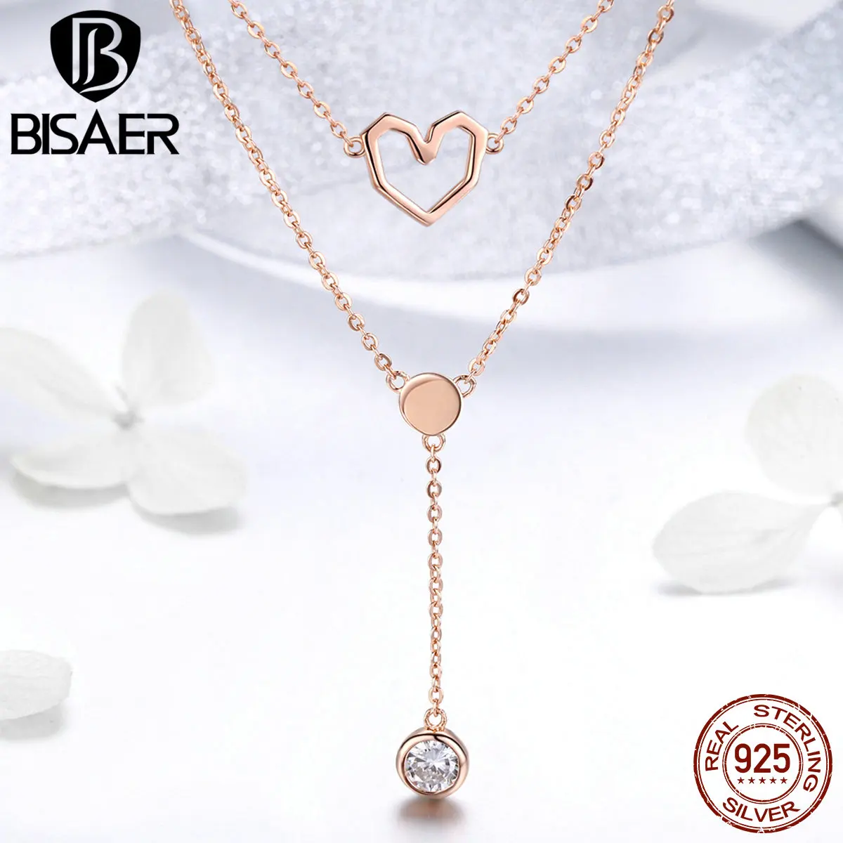 BISAER, романтическое 925 пробы, серебряное, Двухслойное, сердце, любовь, розовое золото, цвет, женские ожерелья, Свадебный воротник, ювелирное изделие ECN317