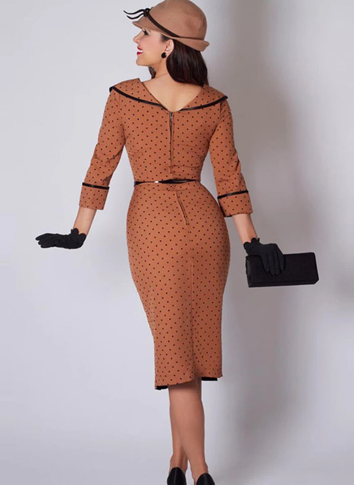 Винтажное весеннее женское облегающее платье карандаш в горошек с высокой