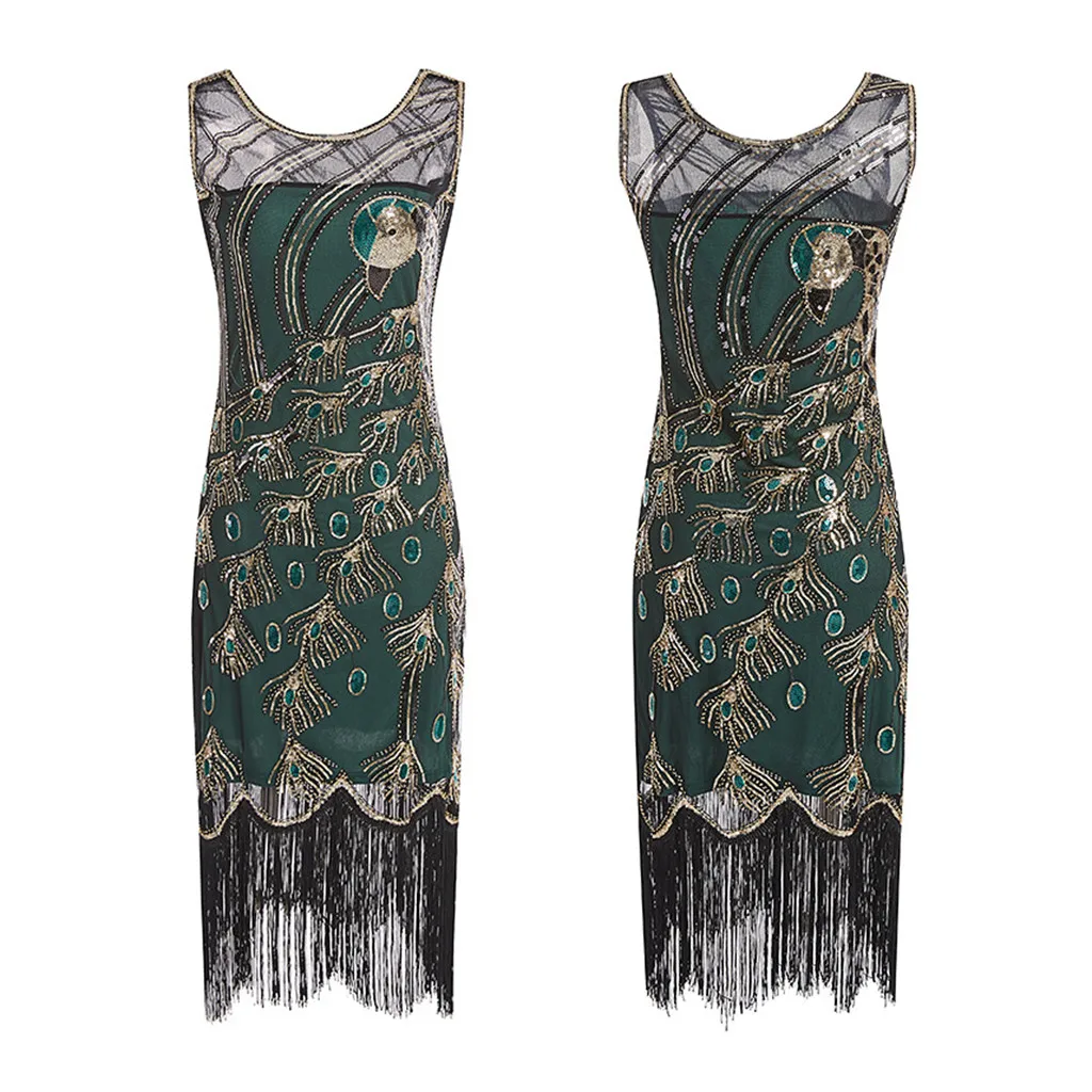 Женское винтажное платье с блестками 1920s Great Gatsby платье с o-образным вырезом и кисточками Deco облегающее платье для вечеринки с бисером ретро vestidos Femme