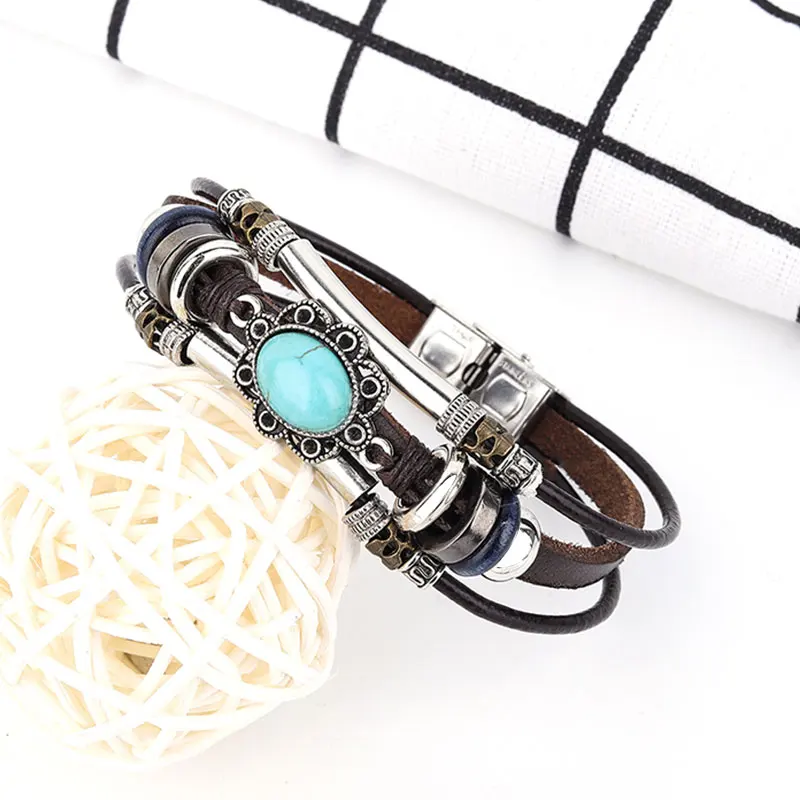 New 3PC/Set Bohemian Punk Men Leather Bracelet Blue Crystal Wrap Wristband Charm Bangle Wholesale pulseira Fashion Jewelry | Украшения и