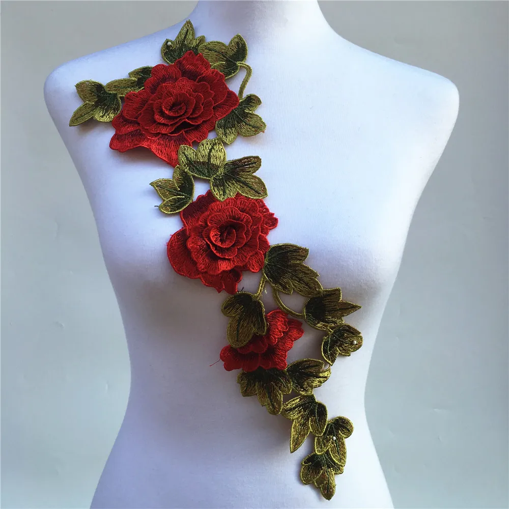 Tela bordada en 3D para cuello, accesorios de costura de encaje, rosa, flor veneciana, 1 unidad