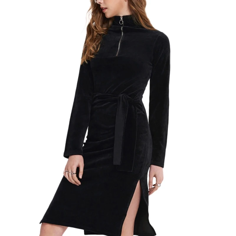 HDY Haoduoyi Brand Women Black Slim Velvet Dresses Slip One Side Belt Waist Zipper Turtleneck Female Elgenat Vestidos Lady | Женская