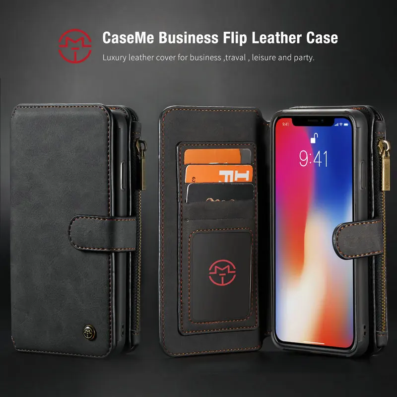 CaseMe Роскошный кожаный чехол бумажник для iPhone 7 8 Plus оригинальный флип телефона X Xs