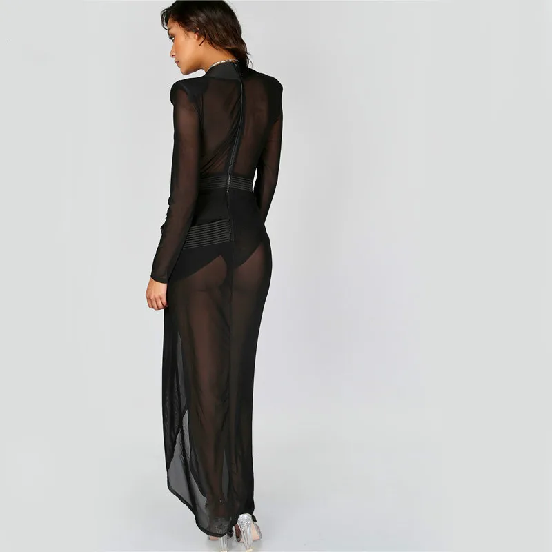 Сексуальное прозрачное Клубное платье с запахом женские черные платья макси
