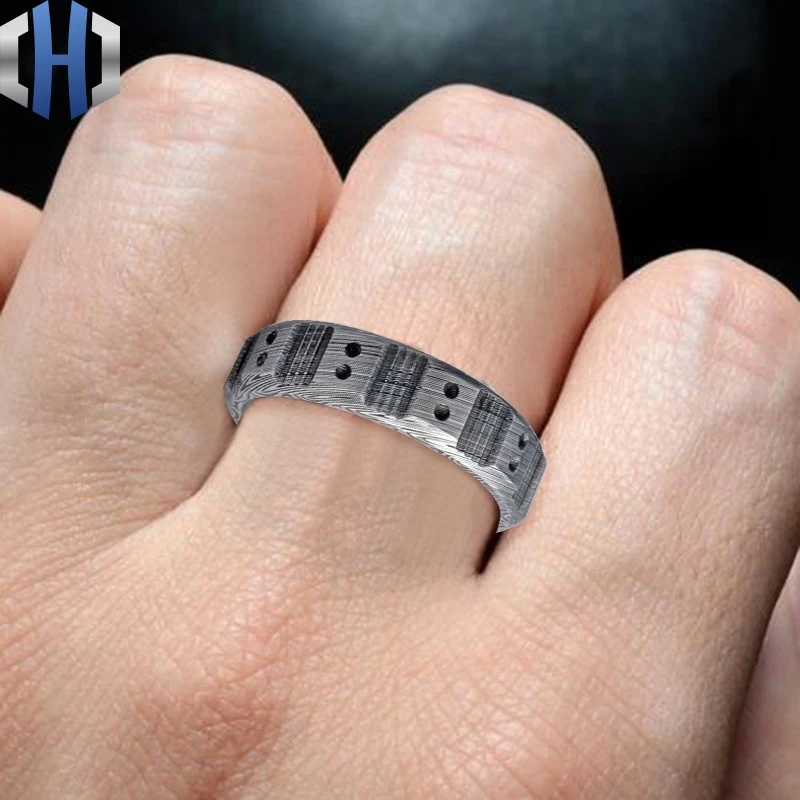 Металлическое кольцо с рисунком пламени 19 мм изысканное из дамасской стали для