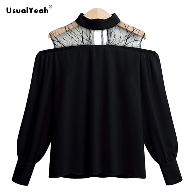 

UsualYeah Embellished Mesh Cut Out Lantern Sleeve Top Spring Autumn Cold Shoulder Long Sleeve Chiffon Blouse Black White 4XL 5XL