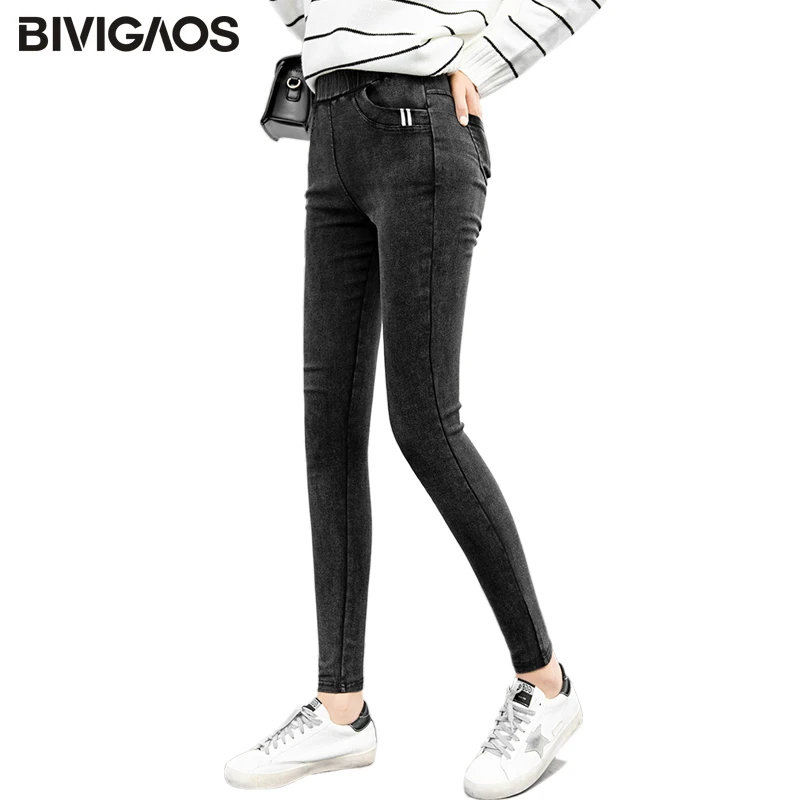 

BIVIGAOS Autumn Spring Womens Skinny Slim Jeans Leggings Front Pocket Webbing Jeggings Pencil Pants Black Straight Pants Women