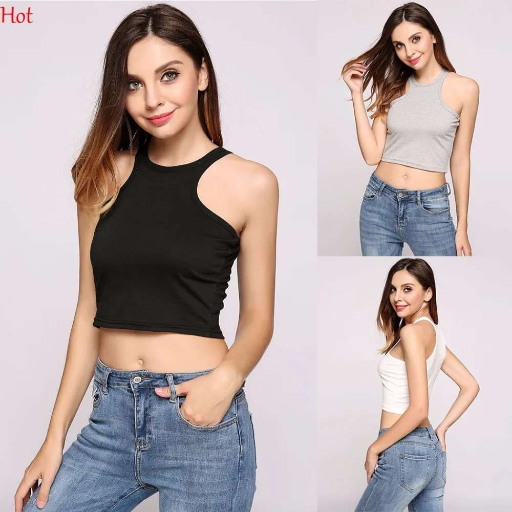 Женские однотонные топы с круглым вырезом Летние Стильные укороченные футболки