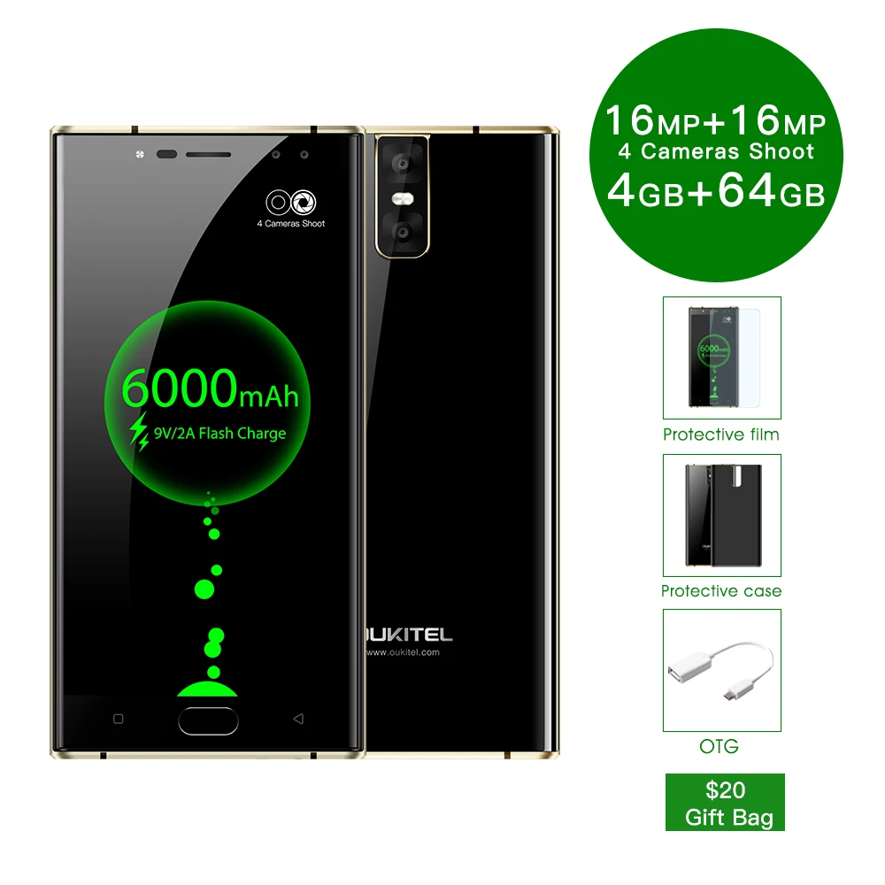 Oukitel K3 16MP 4 камеры 6000 мАч 4G мобильный телефон mtk6750t восемь ядер B 6 5 &quotAndroid 7 0 OTG Touch ID