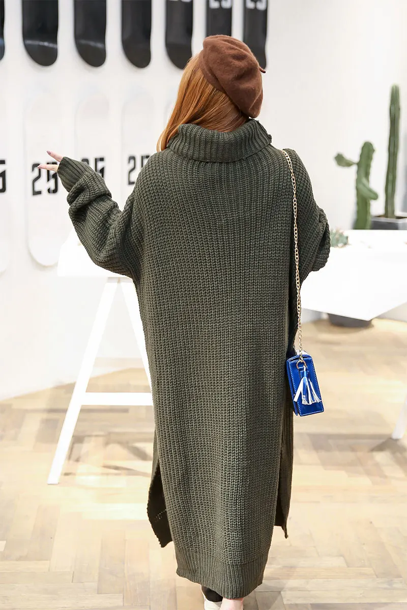 

Women obesity sister oversized new dress woven wool winter long section split high-necked sweater dress A