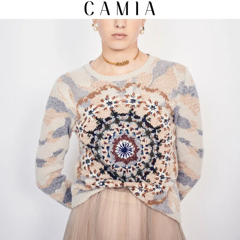 CAMIA autumn new women's sweater contrast color embroidery flower round neck long-sleeved | Женская одежда