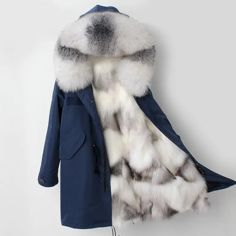New Fashion Winter Women Real Fox Fur Coat Outerwear Female Naturel Fox Fur Collar Hooded Warm Thicken Jacket Plus Size H12