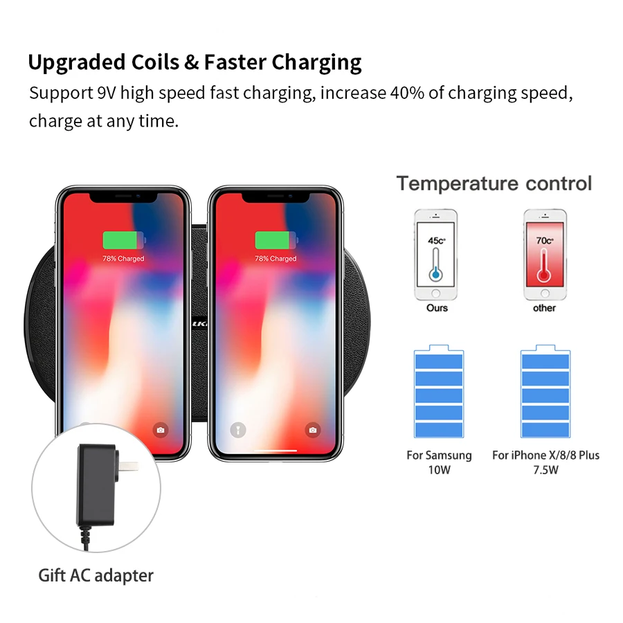 NILLKIN быстрая Беспроводная зарядная площадка для iPhone X XS Max 2 в 1 QI Беспроводное