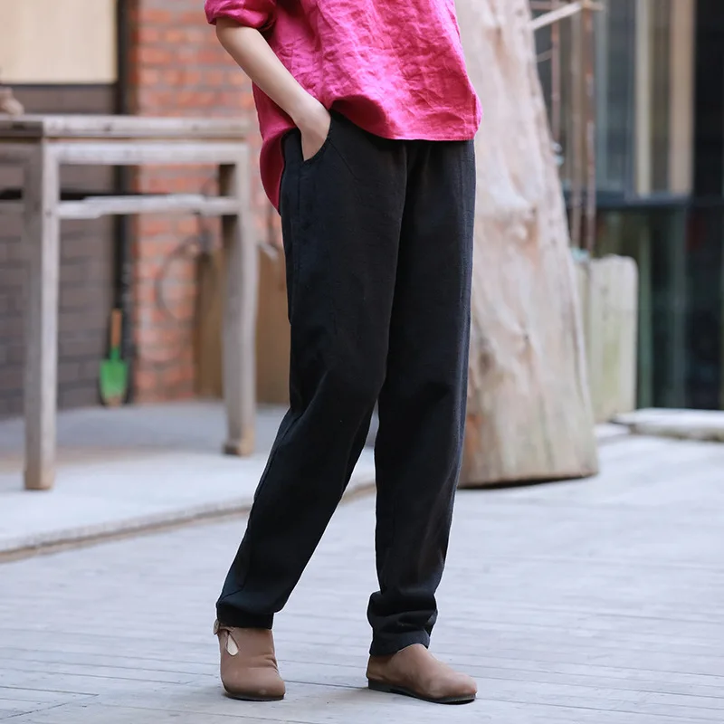 Женские брюки до щиколотки повседневные однотонные из хлопка и льна с эластичной