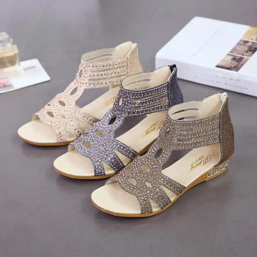 Женские босоножки; Летняя женская обувь; zapatos mujer; женские босоножки на танкетке; модные открытые Босоножки с открытым носком; Roma sandalia feminina; со стразами