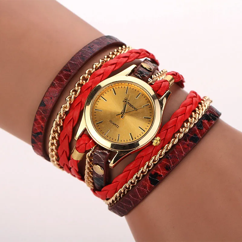Красный Relojes Mujer,, кожаный плетеный браслет, часы, женская мода, Леопардовый ремешок, кварцевые наручные часы, часы, Relogio Feminino - Цвет: Красный