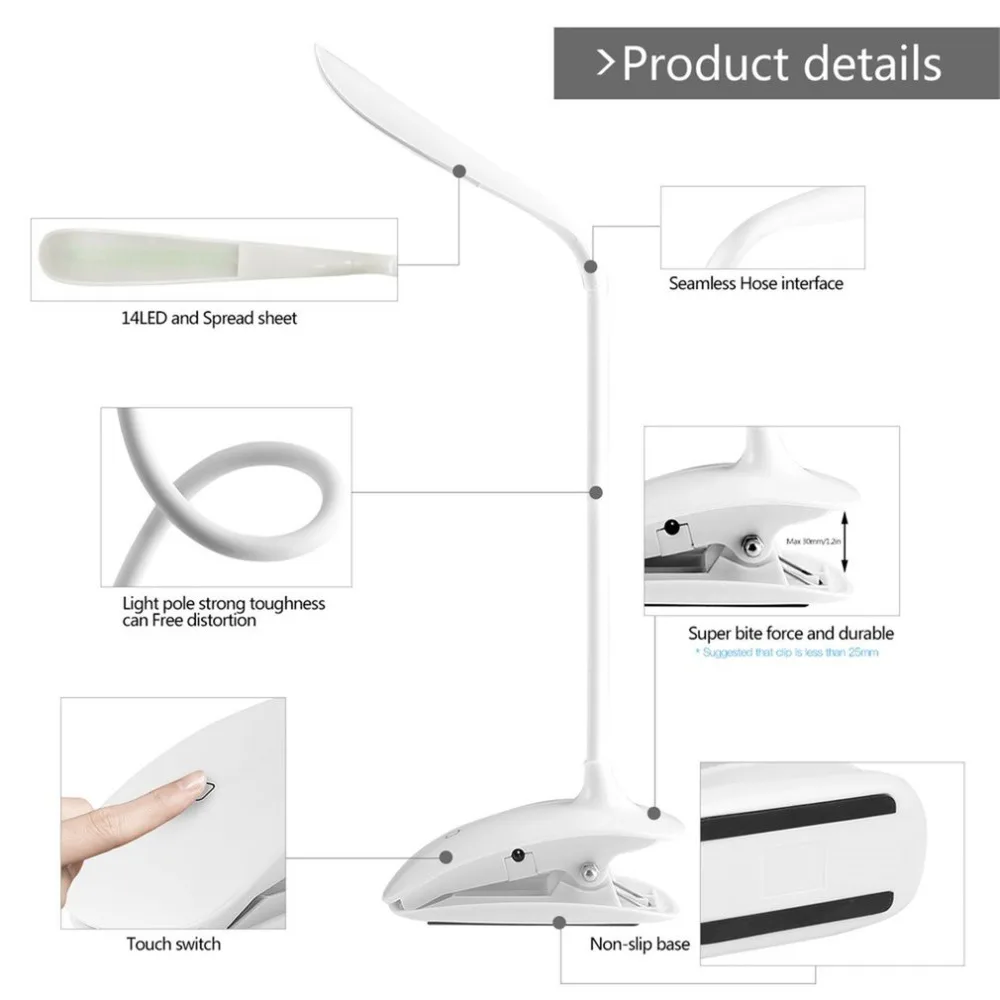 Регулируемая светодиодная настольная лампа с зажимом перезаряжаемая USB для