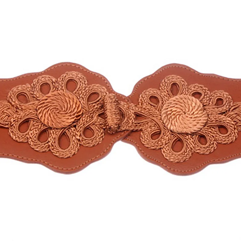 Luxury Women PU Leather Wide Elastic Belts Chinese Style Knitted Floral female Decoration 2 Colors For Women Belt Cummerbunds