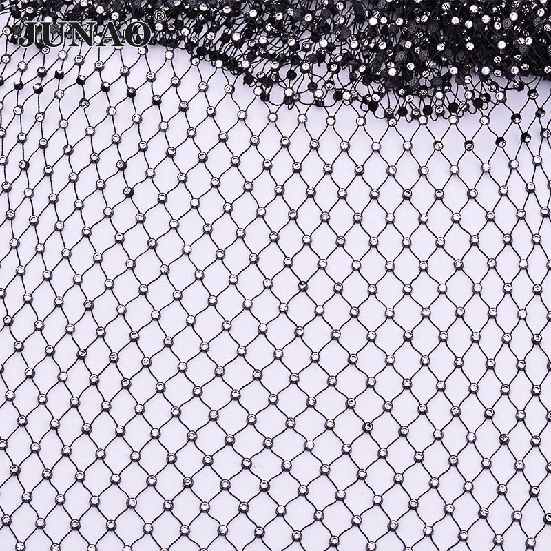 JUNAO 1 Meter Clear Glass Crystals Black Rhinestones Fabric Crystal Mesh Trim Elastic Net Strass Appliques for DIY Crafts