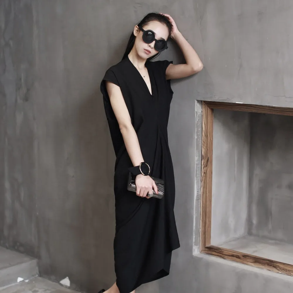 Cakucool New Summer Solid Black Dress V-neck Asymmetric Loose Vestidos Sleeveless Pleats Brief Gothic Dresses Plus Size Sundress | Женская