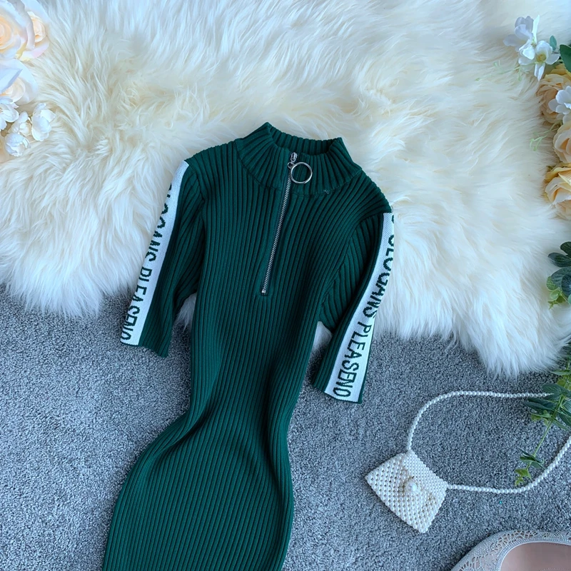 ALPHALMODA, Ранняя осень, БУКВЕННОЕ, на молнии, до середины икры, трикотажное, с коротким рукавом, обтягивающее, винтажное, женское, Vestidos
