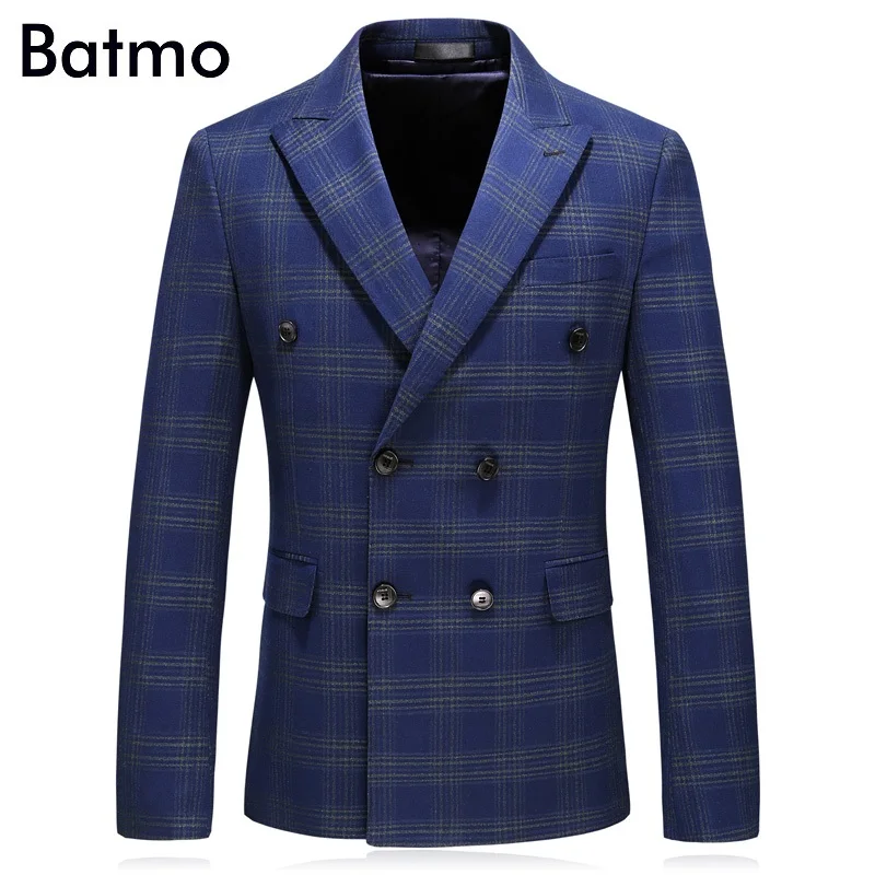 Мужской повседневный костюм Batmo синий двубортный пиджак в клетку большой размер