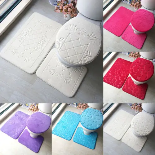 3Pcs Flower Bathroom Set Toilet Seat Pedestal Rug +Lid Cover + Bath Mat Pad Tank Lid Top Flannel Cloth | Дом и сад