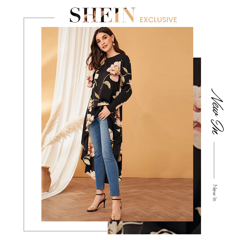 SHEIN, женская блузка с цветочным принтом и высоким низом,, черная, круглый вырез, длинный рукав, весна-лето, блузка, асимметричные женские топы
