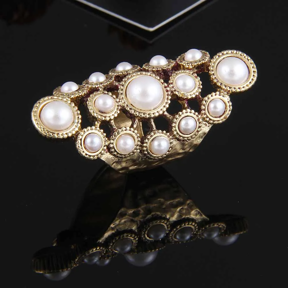 Vintage pearl ring long hollow joints alloy rings Gold Color Flower Big Imitation Gem Stone Rings Jewelry For Women | Украшения и