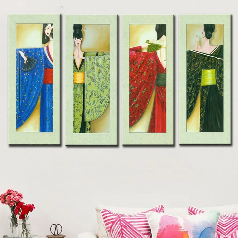 free shipping japan style kimono japanese beauty oil painting canvas prints printed on hotel wall decoration pictures | Дом и сад