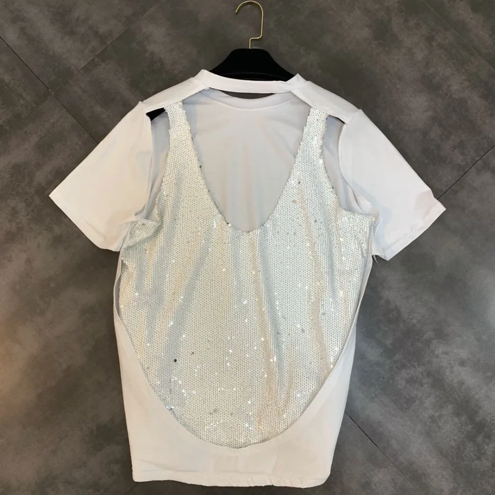 Женская винтажная блузка с коротким рукавом открытой спиной и блестками | одежда