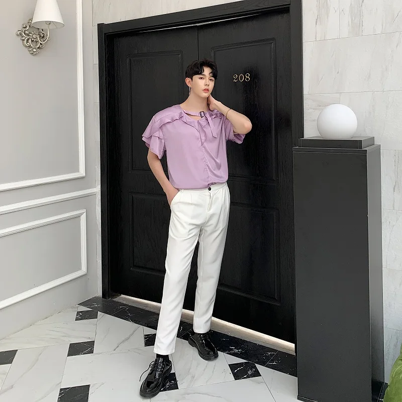 

M-XL!!Summer designer alternative ruffled V-neck pullover shirt tide brand men's short-sleeved shirt.