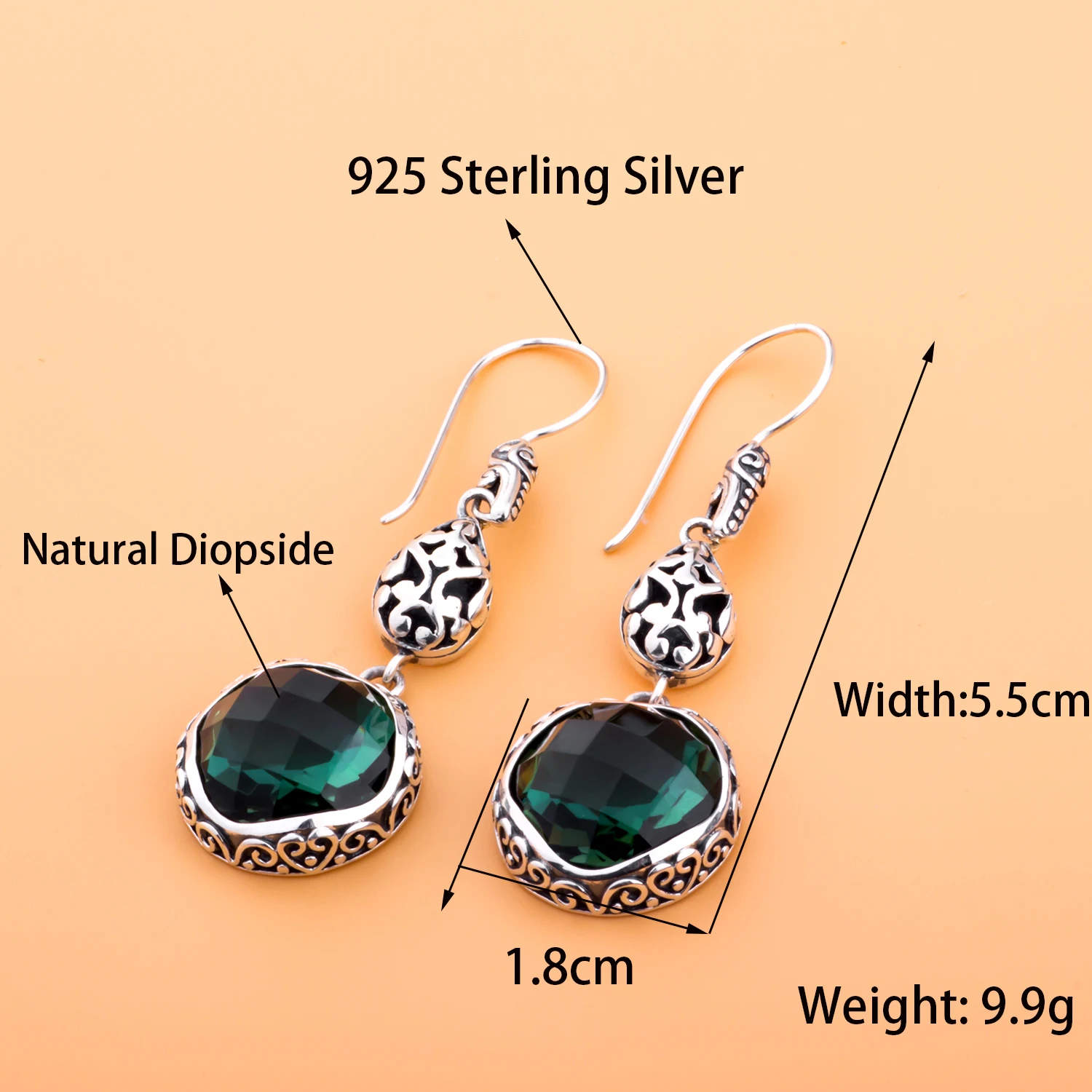 

MetJakt Natural Diopside Earrings Checkerboard Cutting Stone Solid 925 Sterling Silver Vintage Earrings for Women's Jewelry