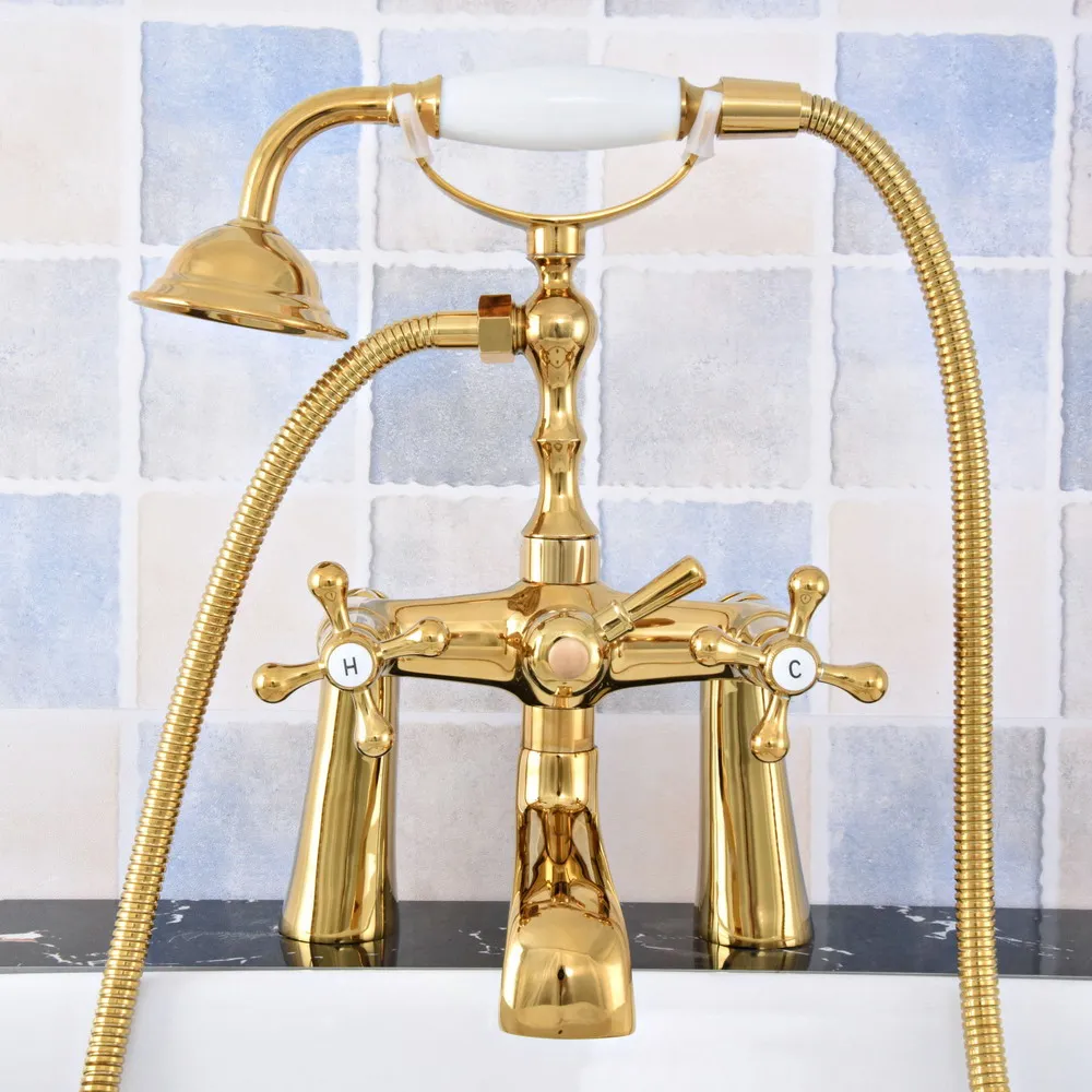 

Luxury Gold Color Brass Double Cross Handles Deck Mounted Claw Foot Bathroom Tub Faucet Mixer Tap With Handshower mtf784
