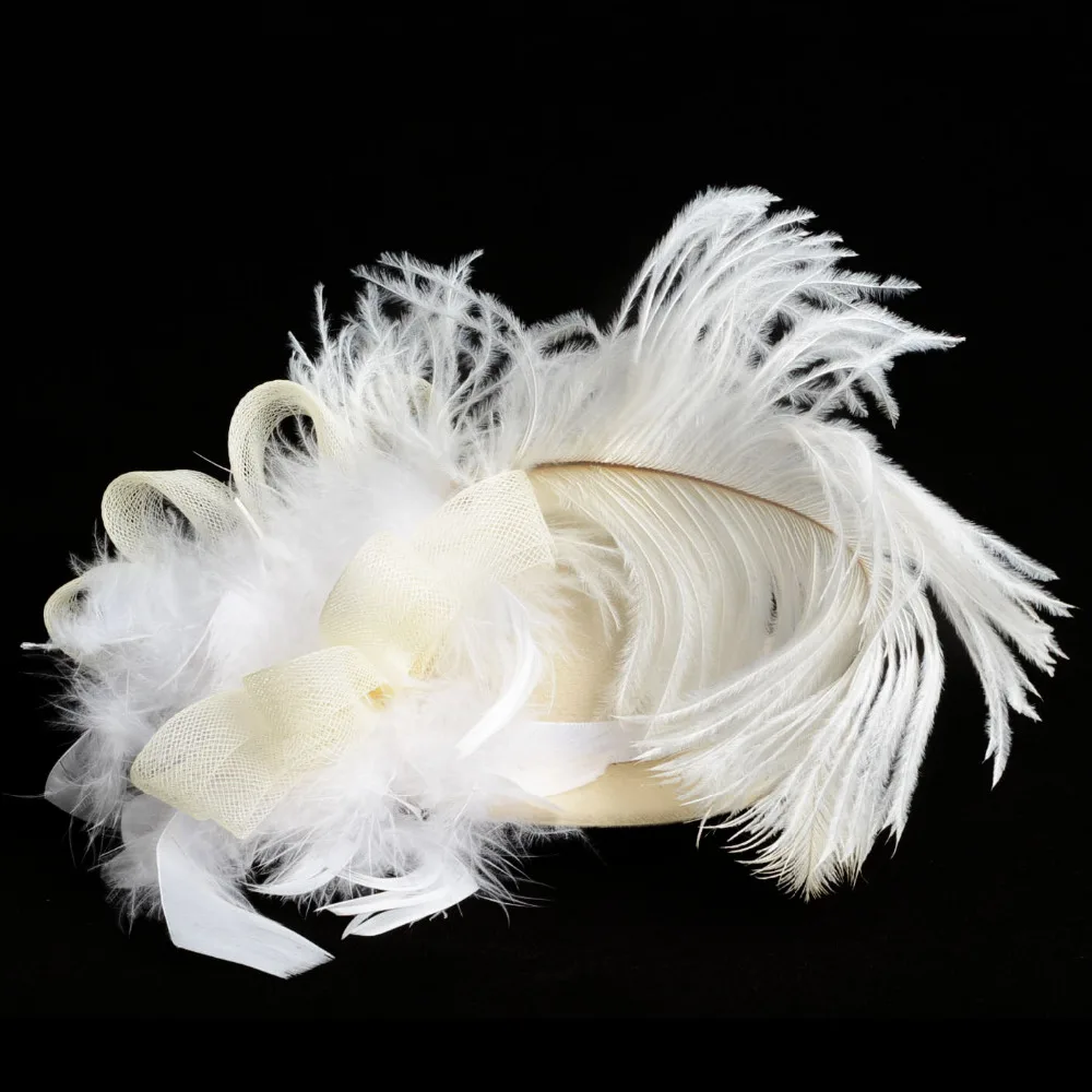 New Solid Cream Feather Mini Top Hat Organza Mesh Hair Clip Fascinator Wedding Bridal Party Brides Accessories for women |